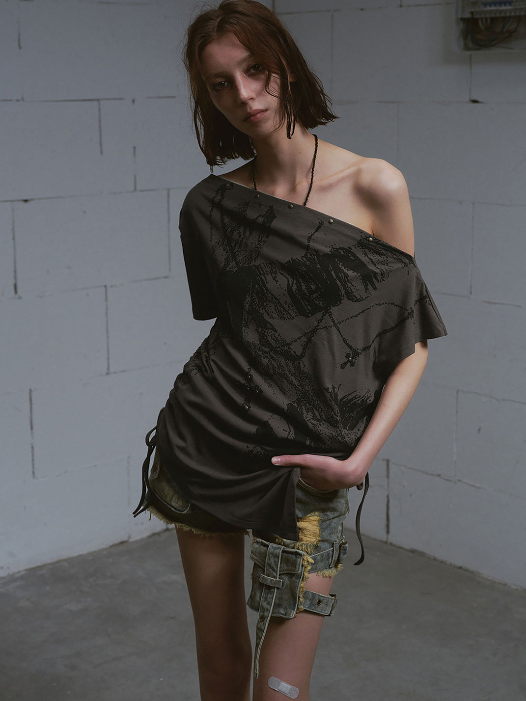 CestNous|Off Shoulder Drawstring Oversize Print Tee-Gray - PSYLOS 1, CestNous|Off Shoulder Drawstring Oversize Print Tee-Gray, T-Shirt, CestNous, PSYLOS 1
